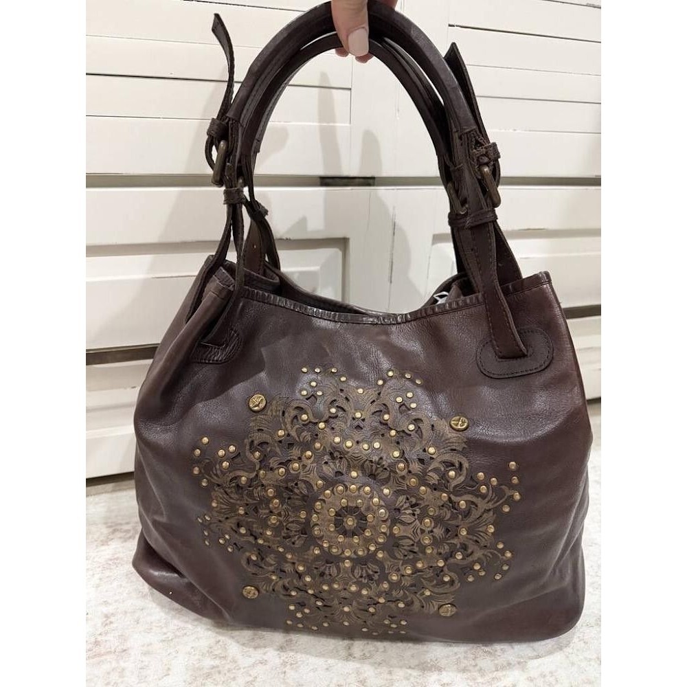 Platania Italian Brown Leather Studded Shoulder Bag